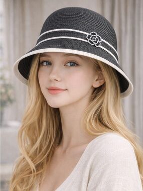 Chic Black & White Trim Cloche Sun Hat 🤍🖤